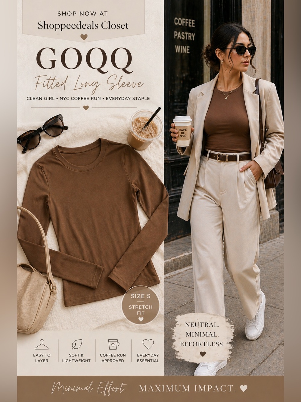 GOQQ Brown Fitted Long Sleeve Top Size S Neutral Minimalist Basic